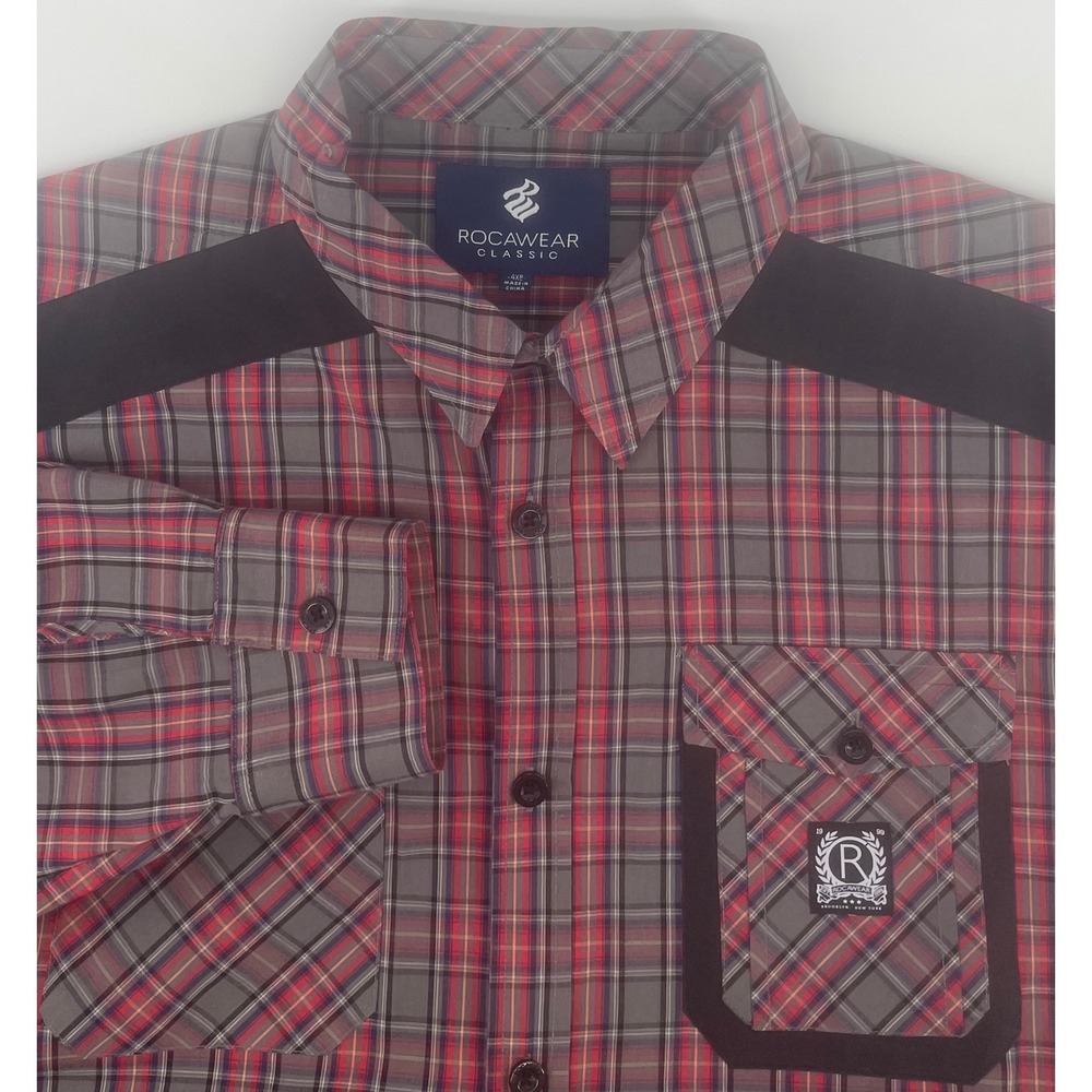 Rocawear Button Down Mens 4XB Red Grey Plaid Contrast Shoulder Elbow Patch Shirt